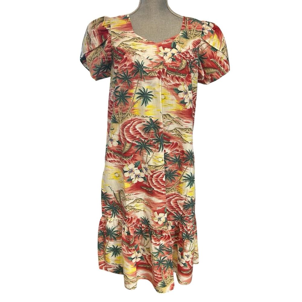 Vintage Ky's Hawaiian Muumuu Dress Women's Size M Red Yellow Petal Sleeves